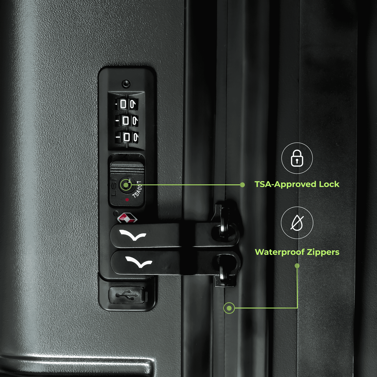 Close-up of a suitcase with TSA-approved lock and waterproof zippers features.