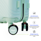 Light blue suitcase with highlighted wheels and text on joint movement, shock absorption, and weight capacity.