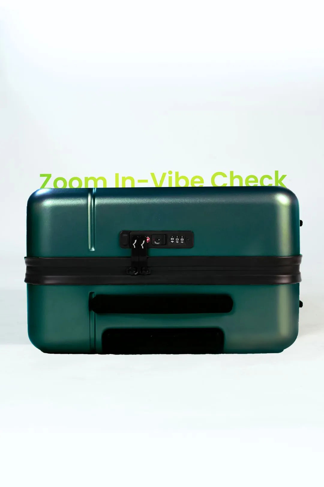 Green suitcase with a black handle on a white background