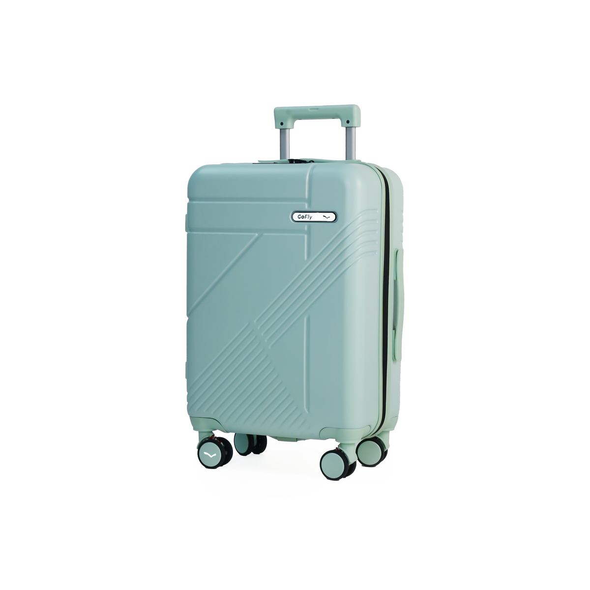 Light blue suitcase with a visible brand logo on a white background