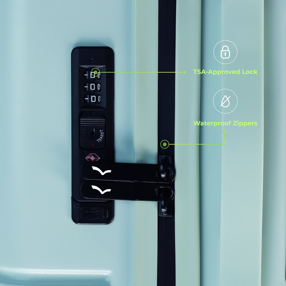 Light blue suitcase with TSA-approved lock and waterproof zippers highlighted