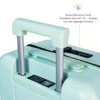 Light blue suitcase with smart recovery technology features on a white background