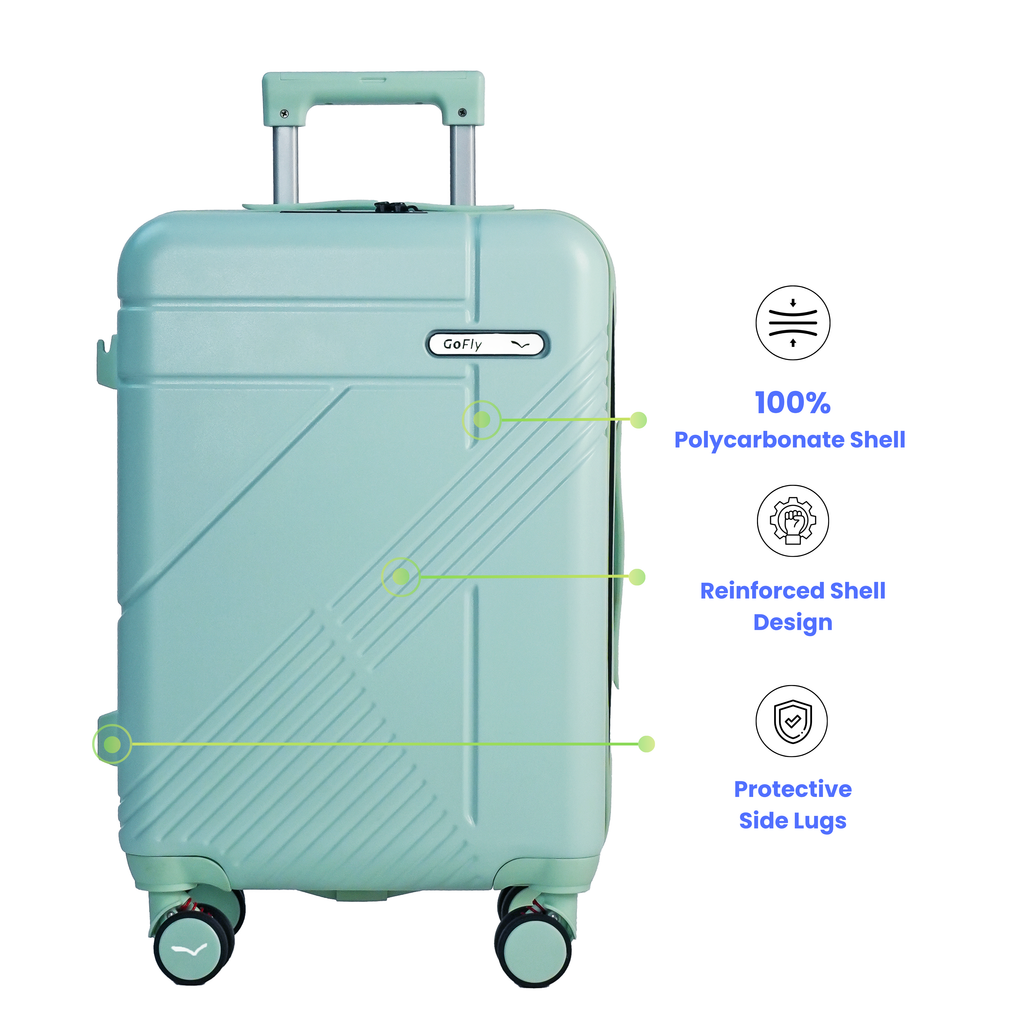 Teal suitcase with Clevy branding on a white background