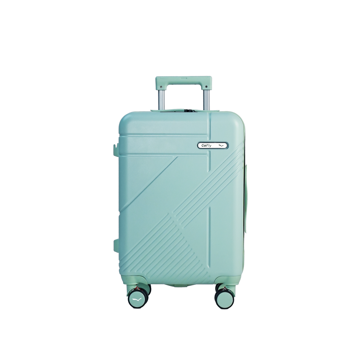 Mint green suitcase with a visible brand logo on a white background