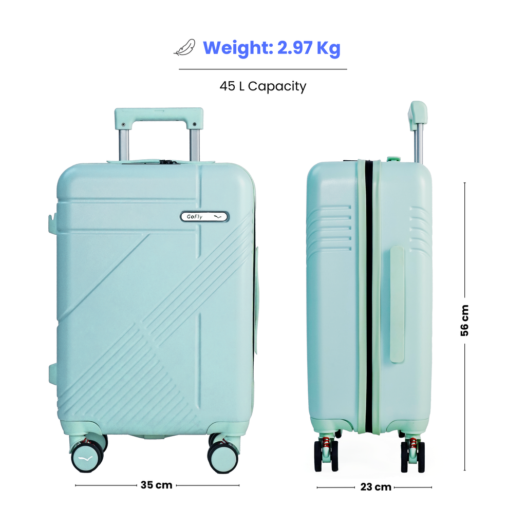 Light blue suitcase with dimensions and weight information on a white background