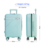 Light blue suitcase with dimensions and weight information on a white background