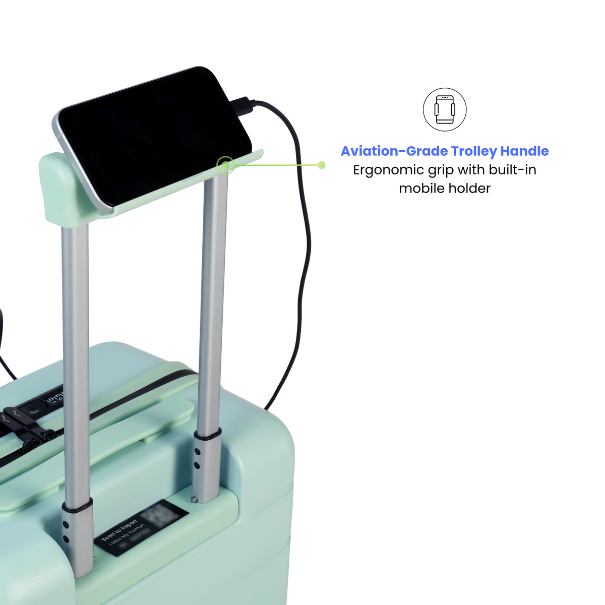 Light blue suitcase with an ergonomic grip and built-in mobile holder, on a white background.