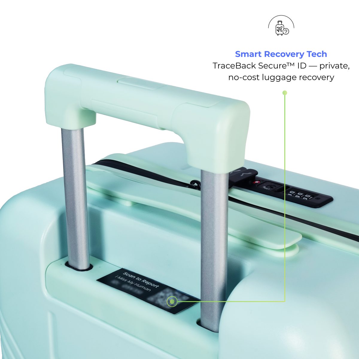 Light blue suitcase with smart recovery technology features on a white background