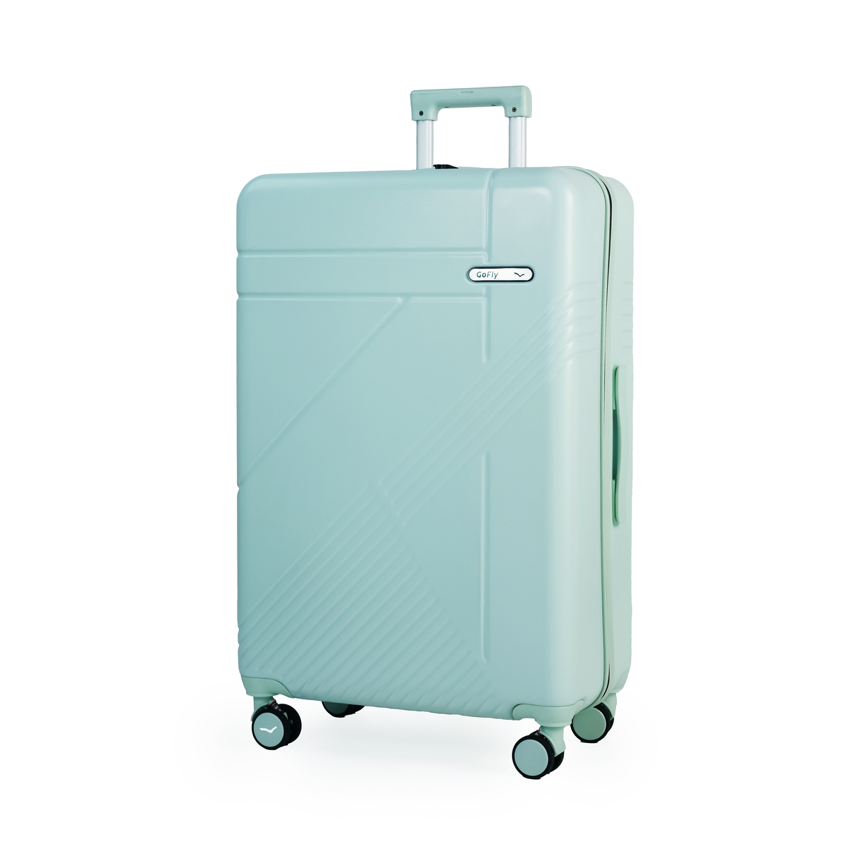 Seafoam green suitcase with a brand logo on a white background