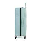 Seafoam Green suitcase with a black strap on a white background