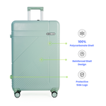 seafoam green suitcase with features highlighted on a white background