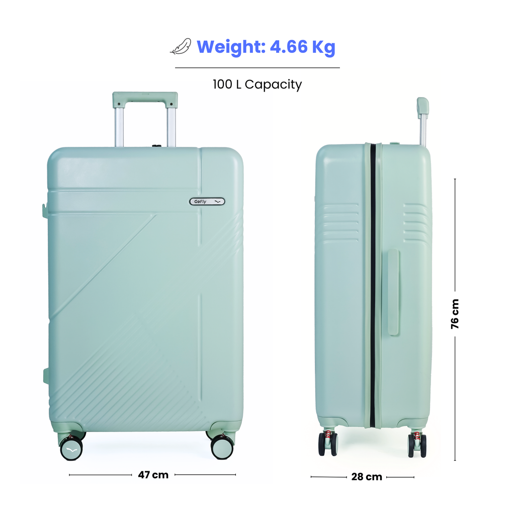 seafoam green suitcase with weight, capacity, and dimensions displayed on a white background