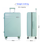 seafoam green suitcase with weight, capacity, and dimensions displayed on a white background