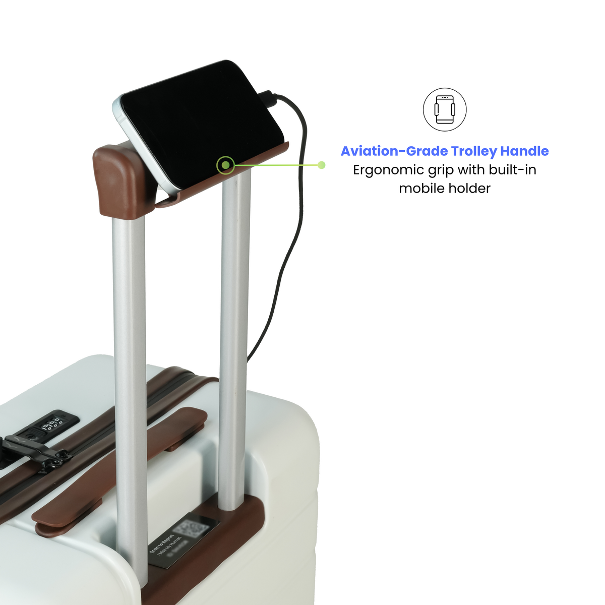 Luggage with an aviation-grade trolley handle and built-in mobile holder on a white background
