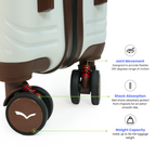 Close-up of a suitcase with wheels labeled for joint movement, shock absorption, and weight capacity.