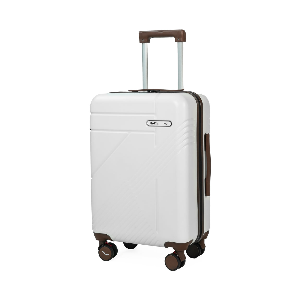 White suitcase with brown handle and wheels on a white background