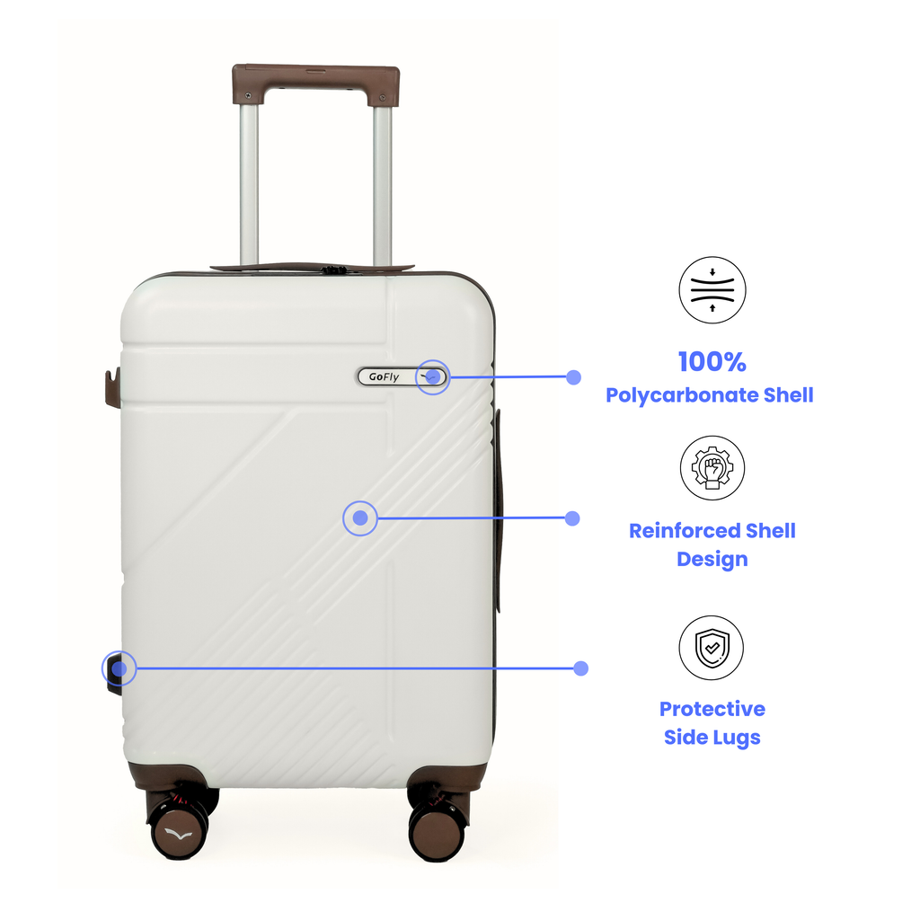 White suitcase with features highlighted on a white background