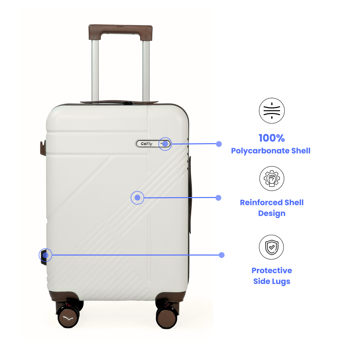 White suitcase with features highlighted on a white background