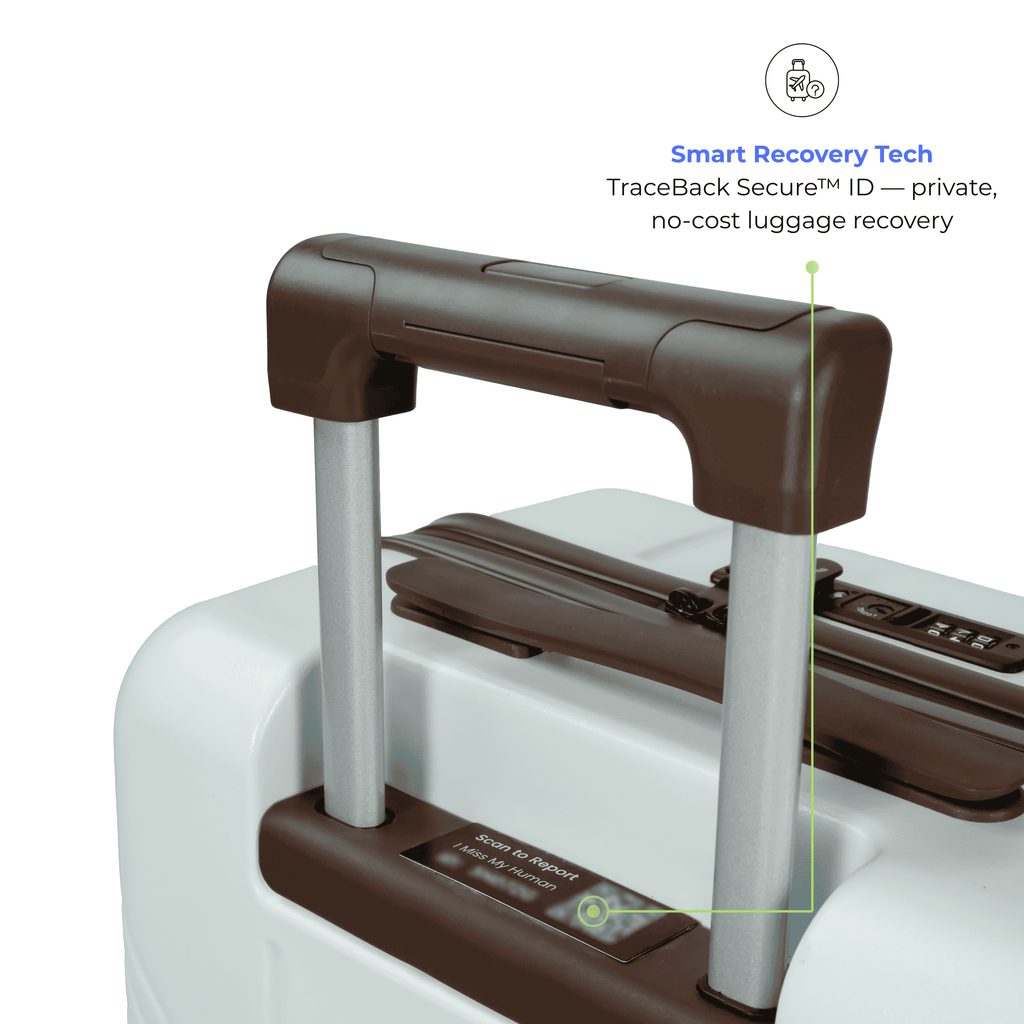 Close-up of a suitcase handle with 'Smart Recovery Tech' text on a white background
