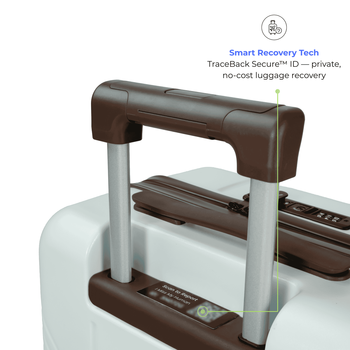 Close-up of a suitcase handle with 'Smart Recovery Tech' text on a white background