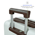 Close-up of a suitcase handle with 'Smart Recovery Tech' text on a white background