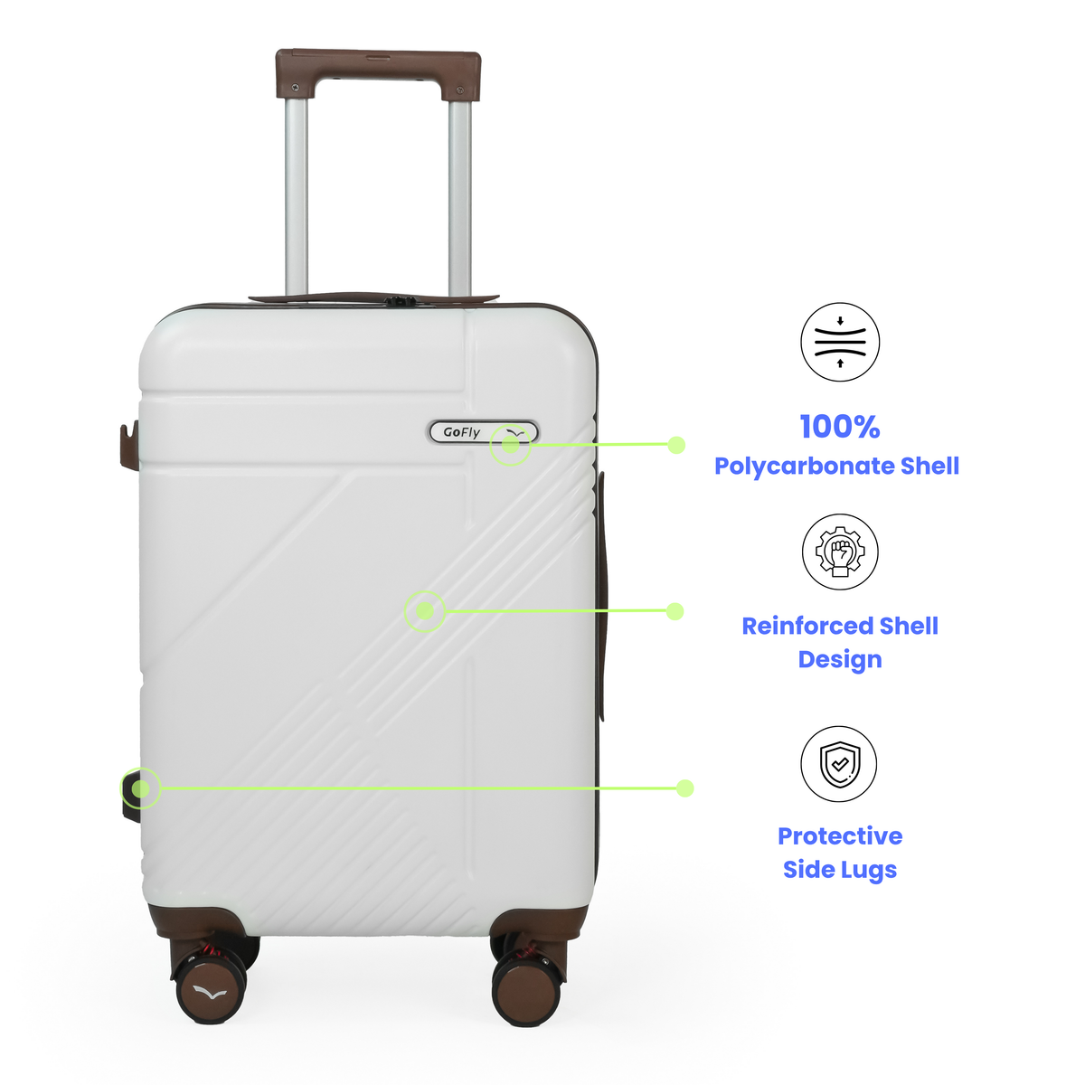 White suitcase with features highlighted on a white background