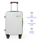 White suitcase with features highlighted on a white background
