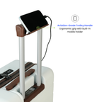 Luggage with an aviation-grade trolley handle and built-in mobile holder on a white background