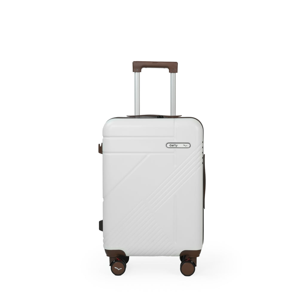 White suitcase with brown accents on a white background