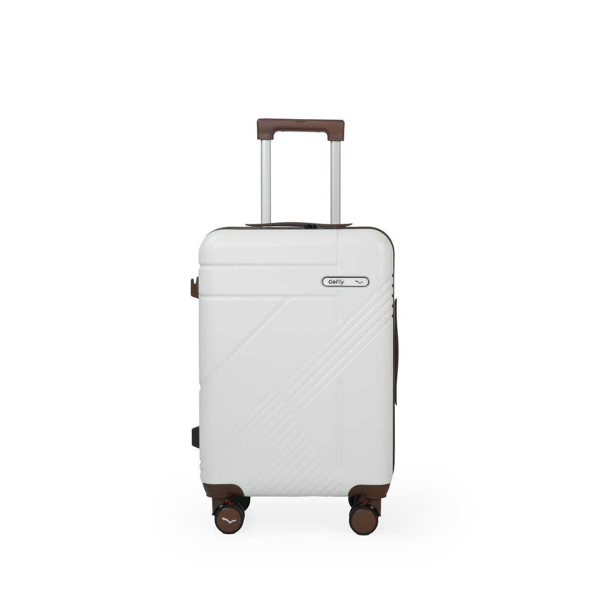 White suitcase with brown accents on a white background
