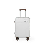 White suitcase with brown accents on a white background
