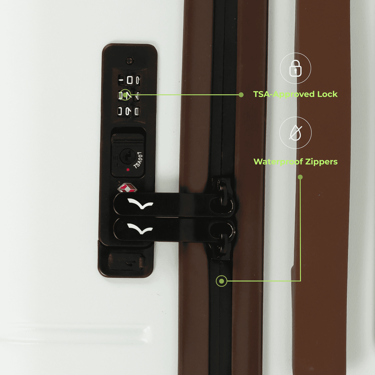 Brown suitcase with TSA-approved lock and waterproof zippers labeled on a white background