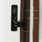 Brown suitcase with TSA-approved lock and waterproof zippers labeled on a white background