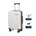 White suitcase with brown accents on a white background, featuring a warranty badge and 'Proudly Made in India' label.