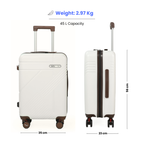 White suitcase with dimensions and weight information on a white background