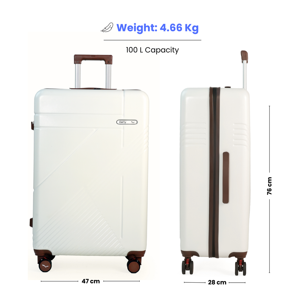 White suitcase with brown handles and wheels, showing weight, capacity, dimensions on a white background.