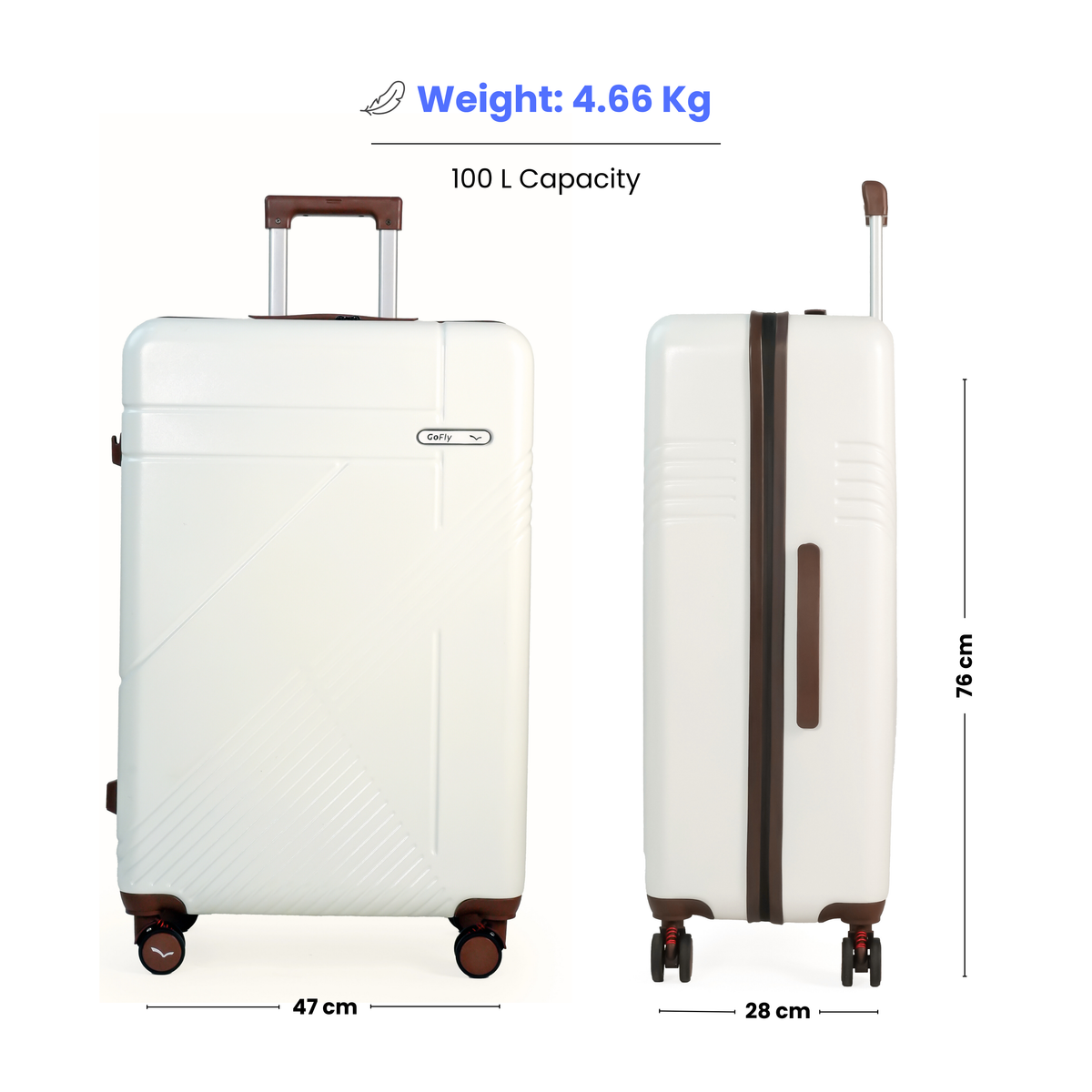 White suitcase with brown handles and wheels, showing weight, capacity, dimensions on a white background.