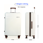 White suitcase with brown handles and wheels, showing weight, capacity, dimensions on a white background.