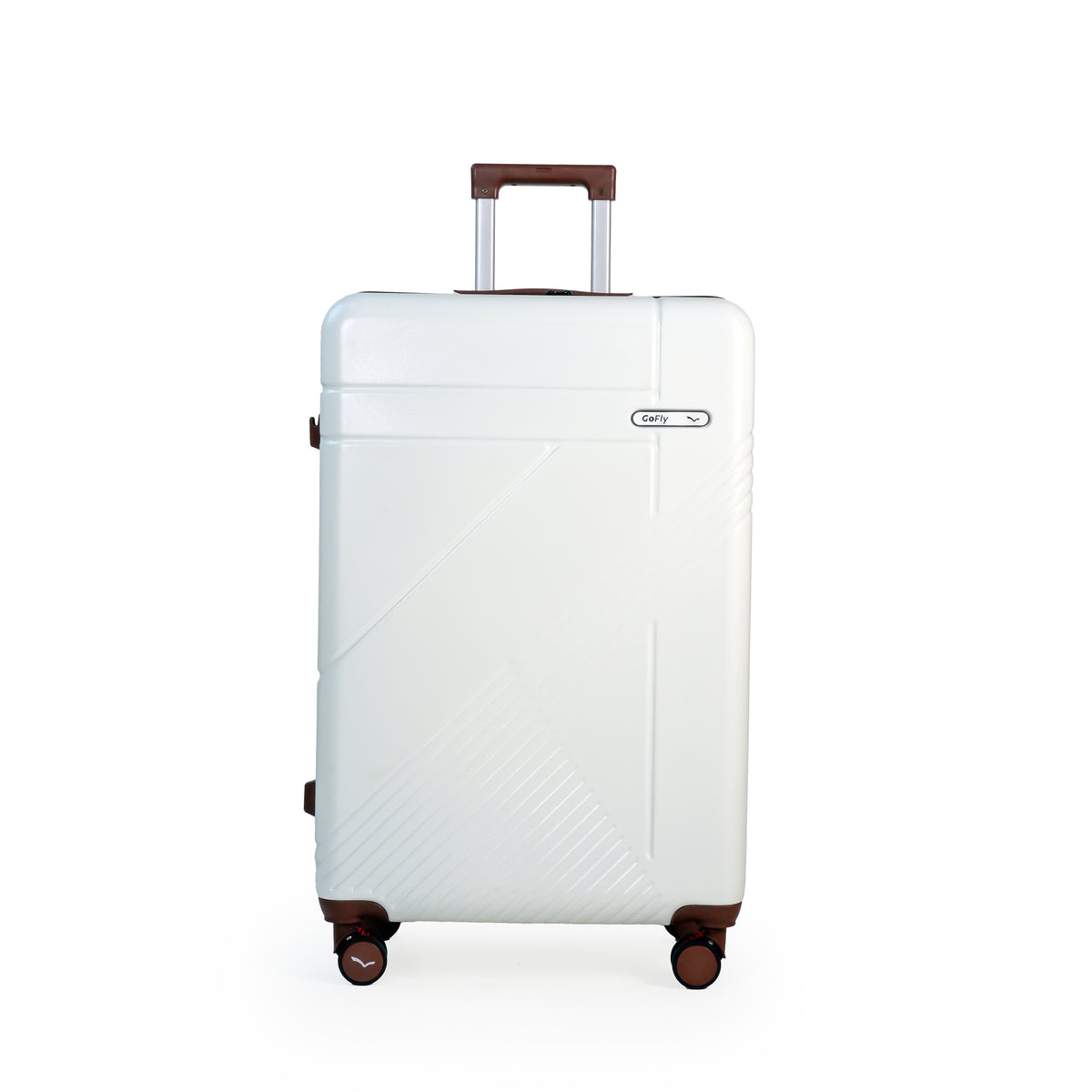 White suitcase with brown wheels on a white background