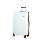 White suitcase with brown accents on a white background