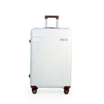 White suitcase with brown wheels on a white background