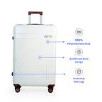 White suitcase with features highlighted on a white background