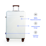 White suitcase with features highlighted on a white background
