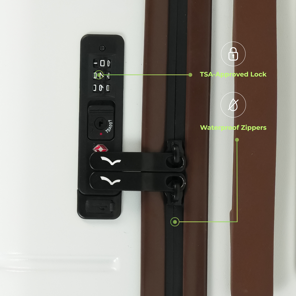 Close-up of a suitcase with TSA-approved lock and waterproof zippers labeled.