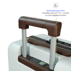 Close-up of a suitcase with brown handle and visible Smart Recovery Tech features on a white background.