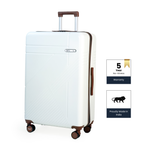 White suitcase with brown handle and wheels on a white background, featuring a warranty label and 'Proudly Made in India' badge.