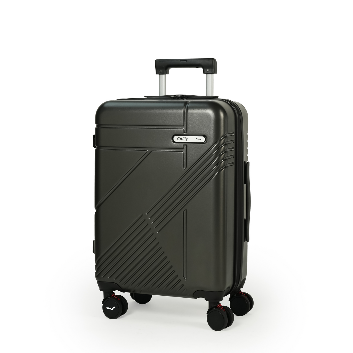 Black suitcase with a visible brand logo on a white background
