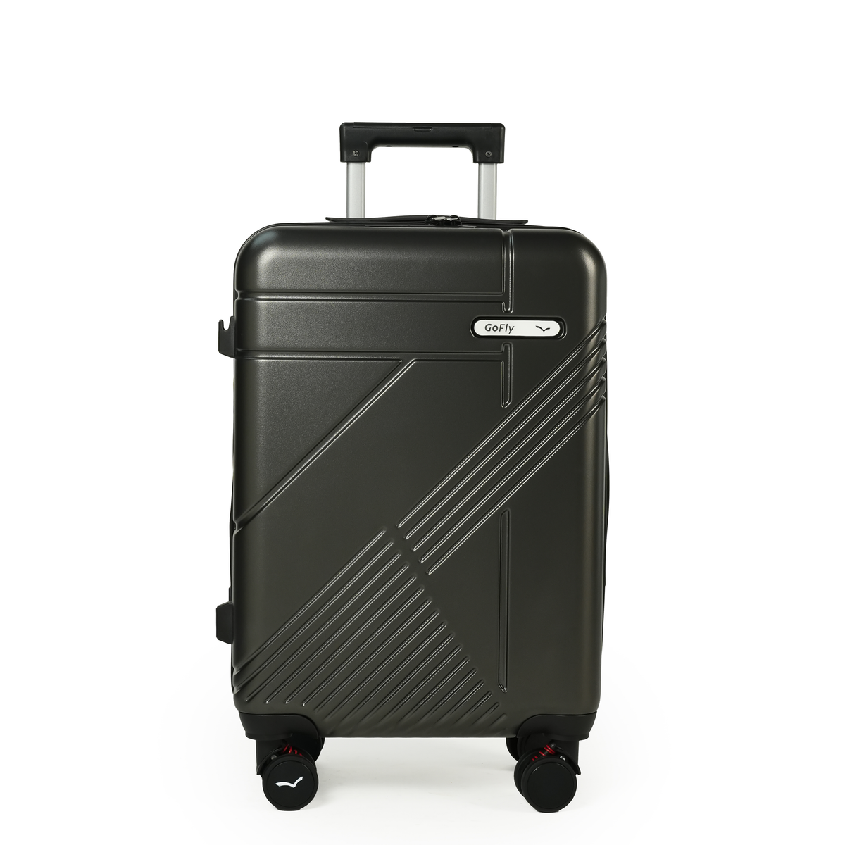 Black suitcase with a brand logo on a white background