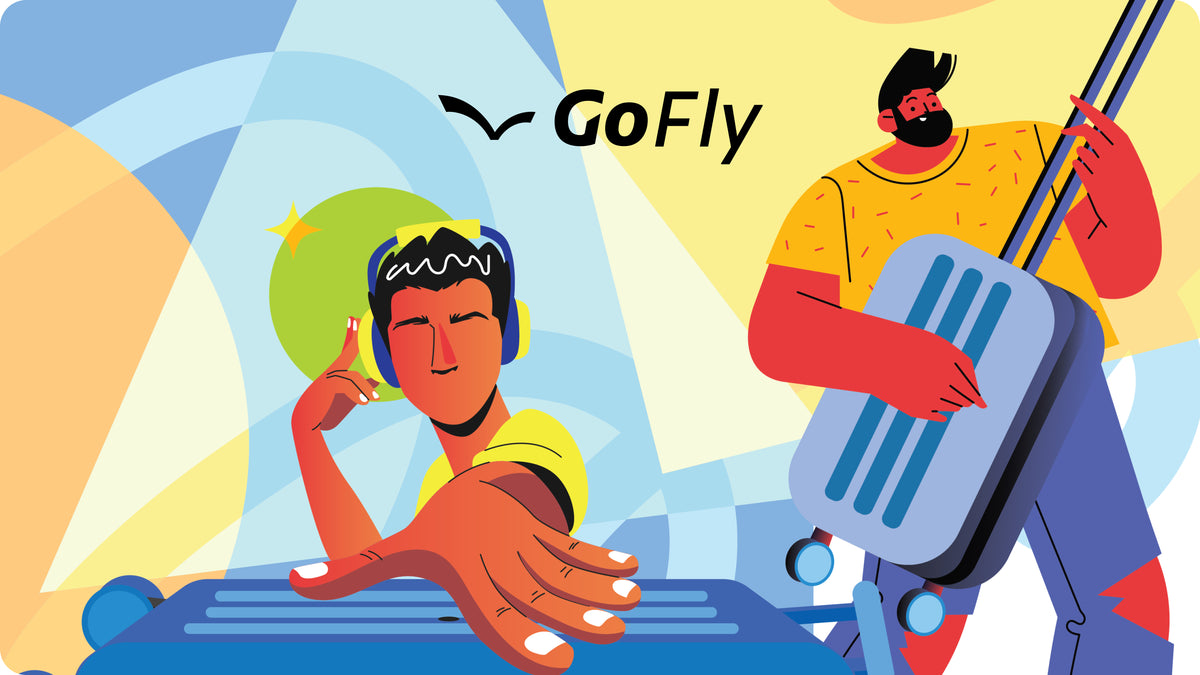 GoFly digital gift card illustration with travelers and luggage – travel gift option