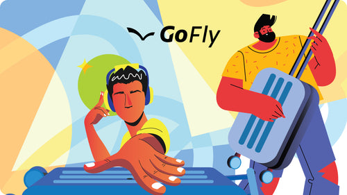 GoFly digital gift card illustration with travelers and luggage – travel gift option